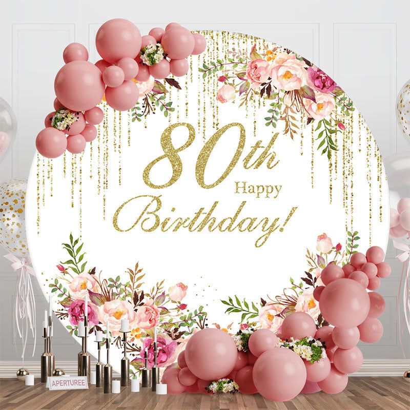 Aperturee - Floral Gold Tassels Round 80th Birthday Backdrop