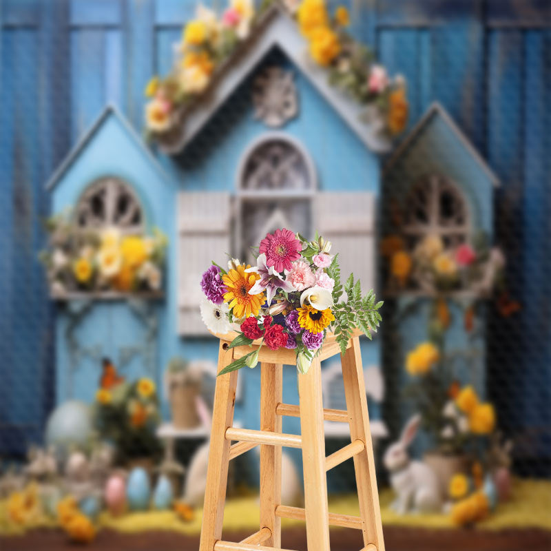 Aperturee - Floral House Blue Vintage Wall Easter Photo Backdrop