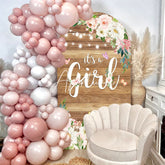 Aperturee - Floral Its A Girl Wooden Baby Shower Arch Backdrop