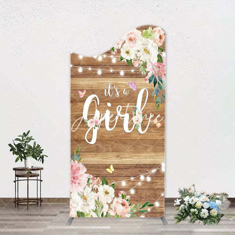 Aperturee - Floral Its A Girl Wooden Baby Shower Arch Backdrop