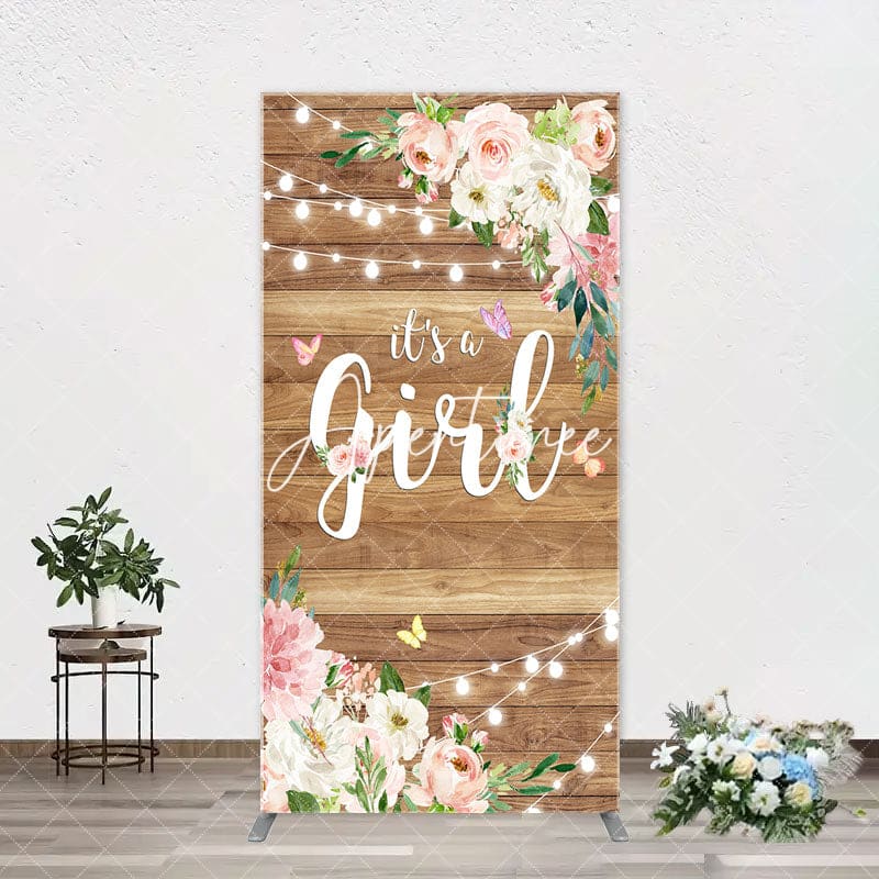 Aperturee - Floral Its A Girl Wooden Baby Shower Arch Backdrop