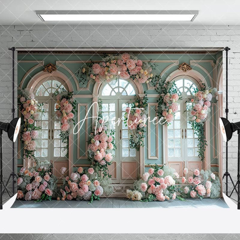 Aperturee - Floral Leaf Green Pink Window Wedding Photo Backdrop