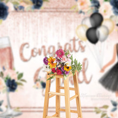 Aperturee - Floral Pink Glitter Congrats Grad Photo Backdrop