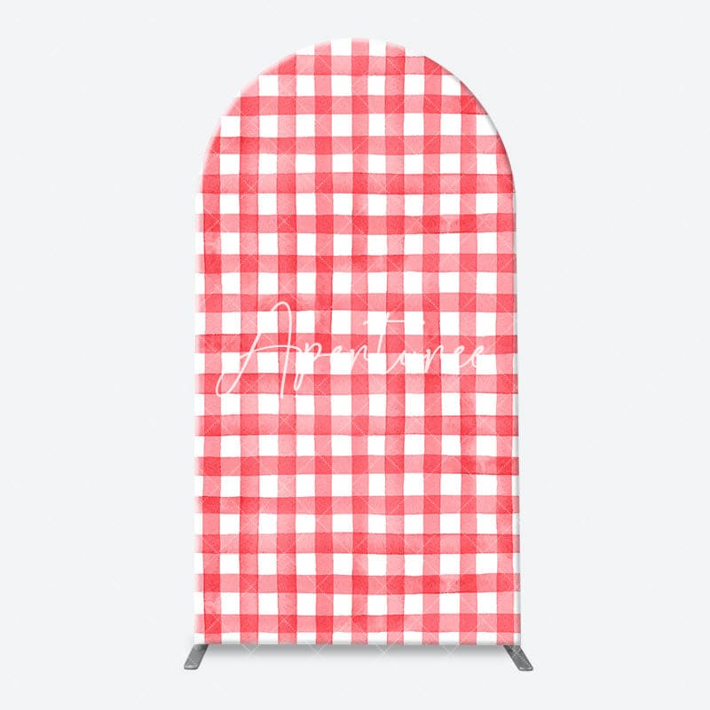 Aperturee - Floral Pink White Strawberry Plaid Arch Backdrop Kit