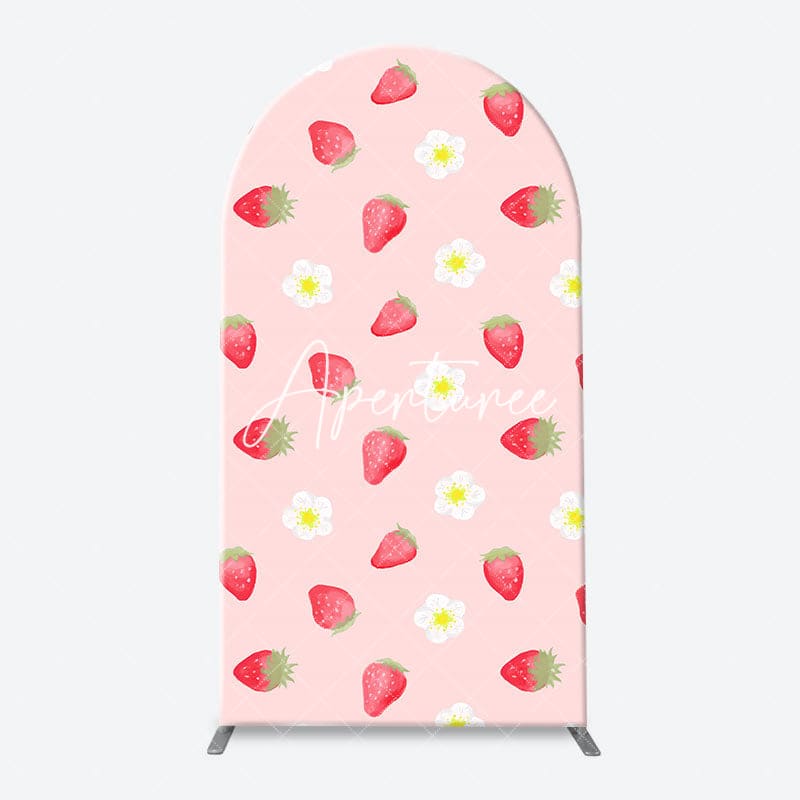 Aperturee - Floral Pink White Strawberry Plaid Arch Backdrop Kit