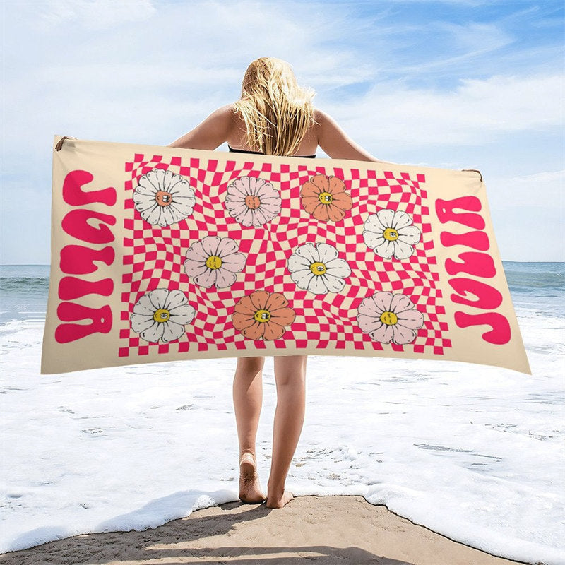 Aperturee - Floral Red Plaid Custom Name Beach Towel for Girl