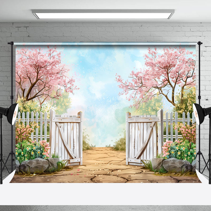 Aperturee - Floral Tree Blue Sky Stone Spring Backdrop For Photo