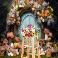 Aperturee - Floral Tree House Blue Door Eggs Easter Backdrop