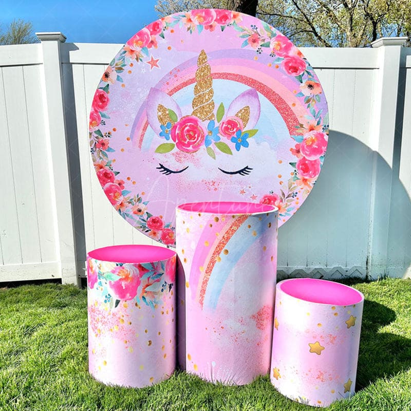 Aperturee - Floral Unicorn Rainbow Girl Round Birthday Backdrop Kit