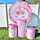 Aperturee - Floral Unicorn Rainbow Girl Round Birthday Backdrop Kit