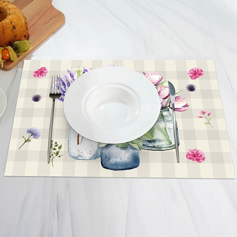 Aperturee - Floral Vase Beige Plaid Rustic Set Of 4 Placemats