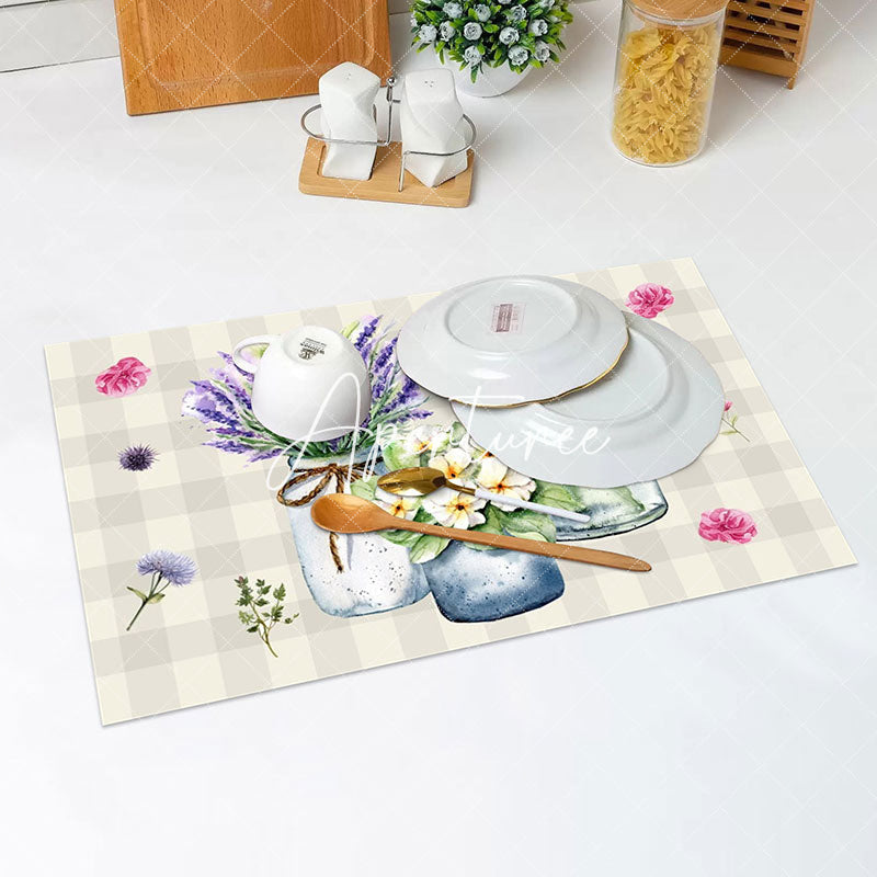 Aperturee - Floral Vase Beige Plaid Rustic Set Of 4 Placemats