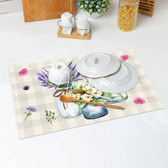 Aperturee - Floral Vase Beige Plaid Rustic Set Of 4 Placemats