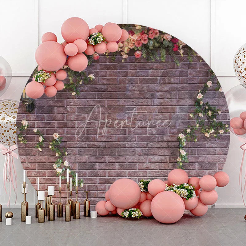 Aperturee - Floral Vintage Brick Wall Round Birthday Backdrop