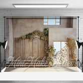 Aperturee - Floral Wood Door Photography Retro Wall Backdrop