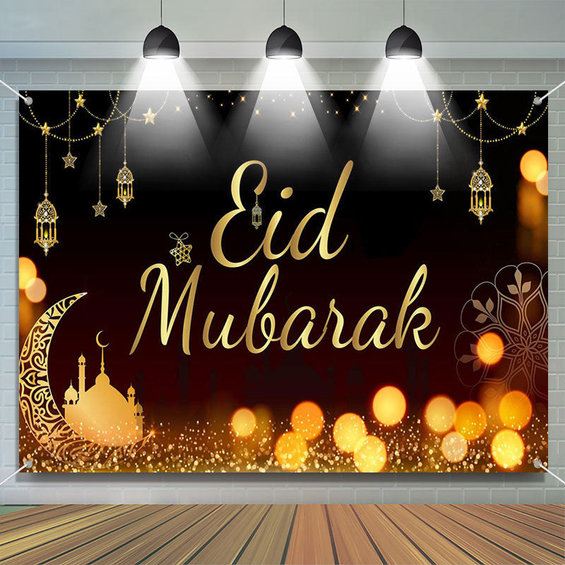 Aperturee - Flower Pattern Moon Bokeh Black Eid Mubarak Backdrop