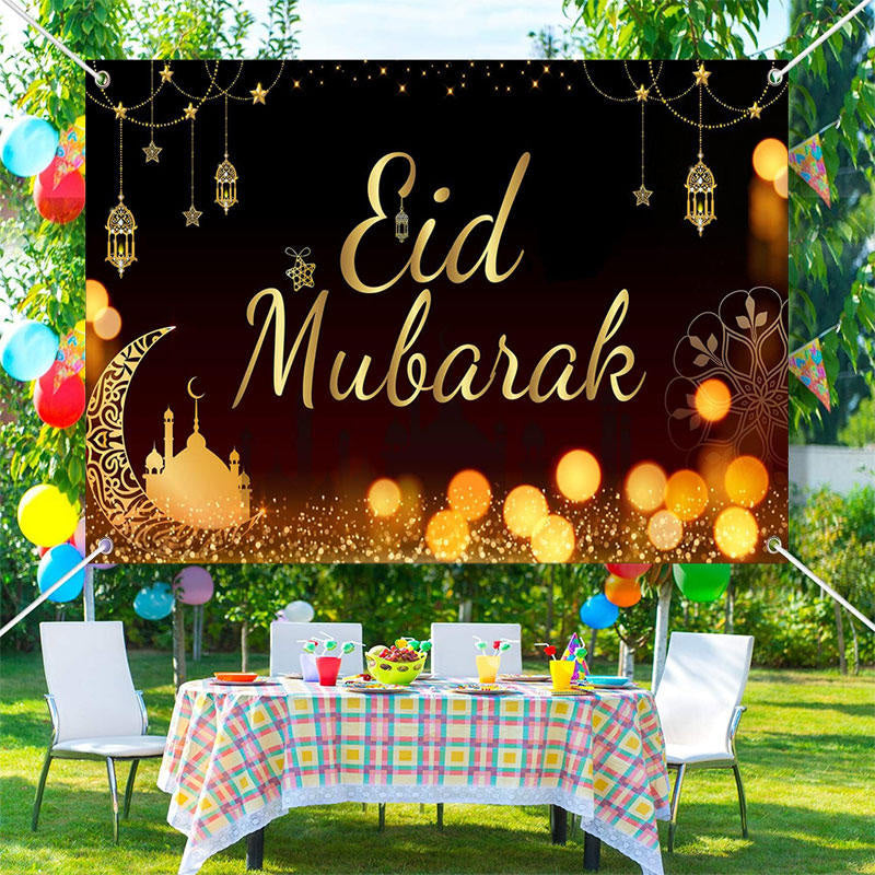 Aperturee - Flower Pattern Moon Bokeh Black Eid Mubarak Backdrop