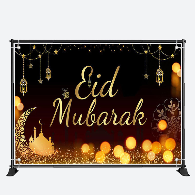 Aperturee - Flower Pattern Moon Bokeh Black Eid Mubarak Backdrop