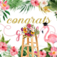 Aperturee - Flowers Green Leaves Flamingo Graduation Photo Backdrop