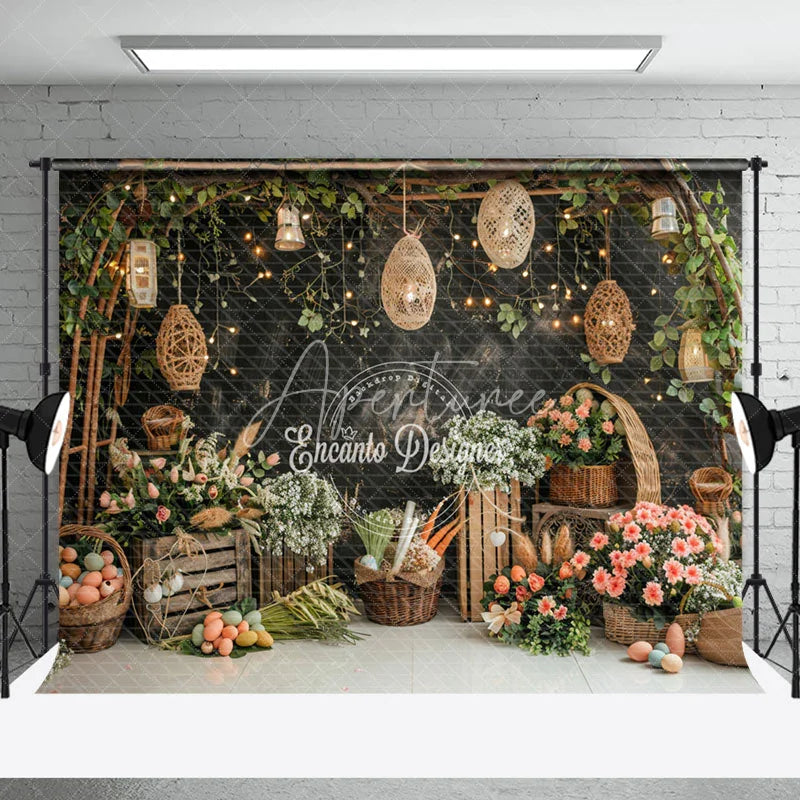 Aperturee - Flowers Lanterns Black Wall Birthday Photo Backdrop