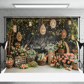 Aperturee - Flowers Lanterns Black Wall Birthday Photo Backdrop