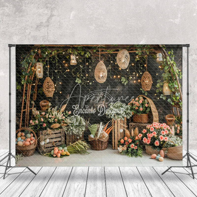 Aperturee - Flowers Lanterns Black Wall Birthday Photo Backdrop