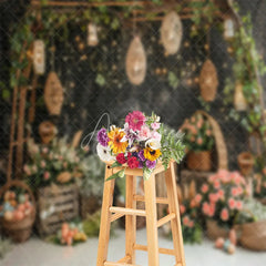 Aperturee - Flowers Lanterns Black Wall Birthday Photo Backdrop