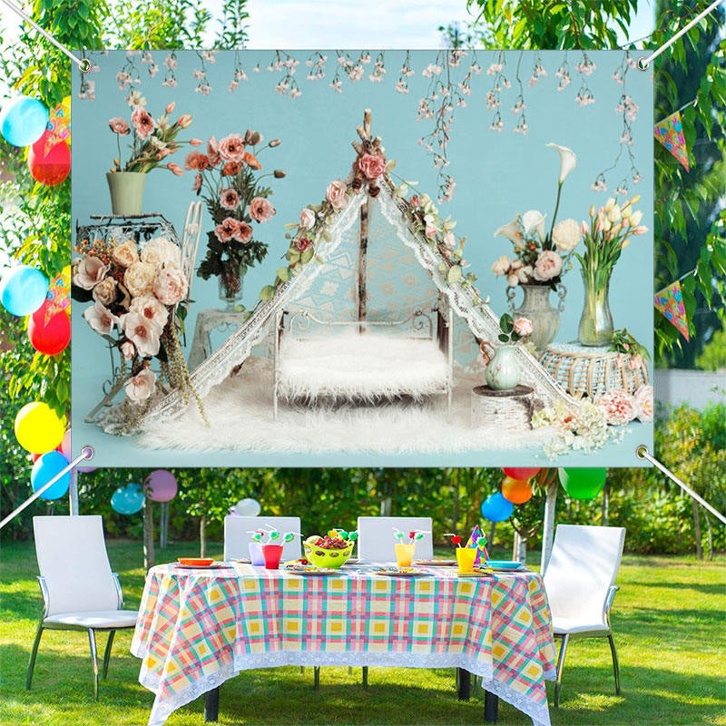 Aperturee - Fluffy Blanket Floral Birthday Cake Smash Backdrop