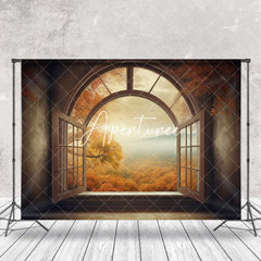 Aperturee - Foggy Autumn Forest Window Scenery Photo Backdrop