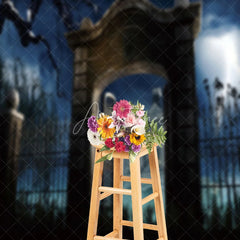 Aperturee - Foggy Villa Railing Scary Night Halloween Backdrop