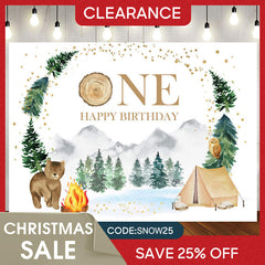 (Ship In 24HR) Forest Jungle Bear Camping Happy 1St Birthday Backdrop