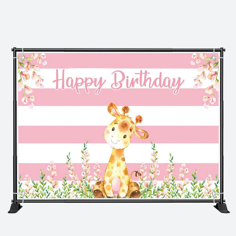 Aperturee - Giraffe Floral Pink White Stripes Birthday Backdrop