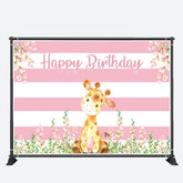 Aperturee - Giraffe Floral Pink White Stripes Birthday Backdrop