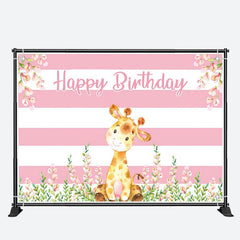 Aperturee - Giraffe Floral Pink White Stripes Birthday Backdrop