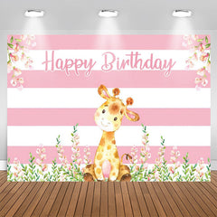 Aperturee - Giraffe Floral Pink White Stripes Birthday Backdrop