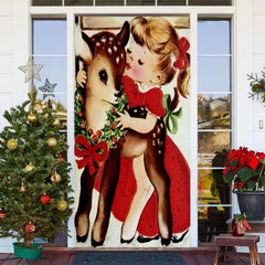Aperturee - Girl And Sika Deer Painting Christmas Door Cover