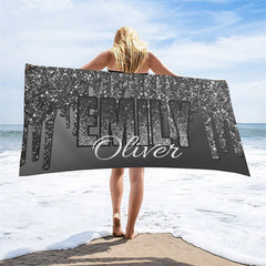Aperturee - Glitter Black Silver Custom Name Beach Pool Towel