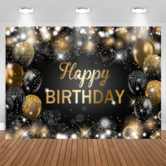 Aperturee - Glitter Bokeh Black Gold Balloon Happy Birthday Backdrop