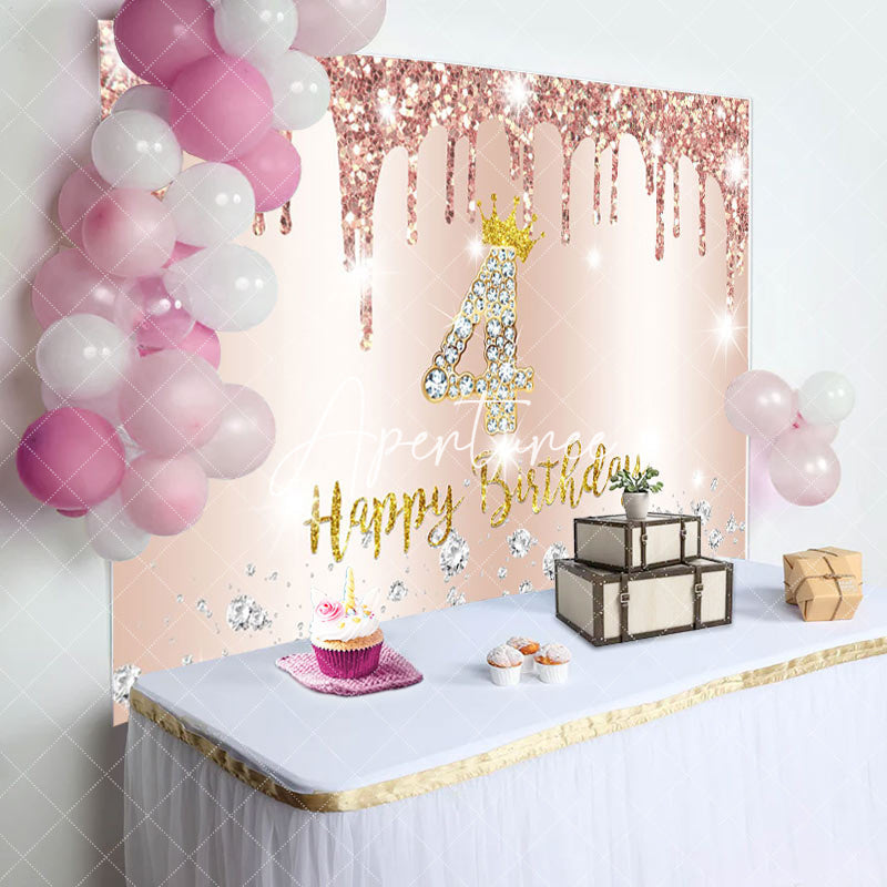 Aperturee - Glitter Diamond Rose Gold 4th Happy Birthday Backdrop