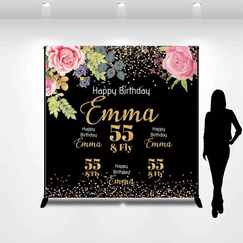 Aperturee - Glitter Floral Custom Name 55th Birthday Backdrop