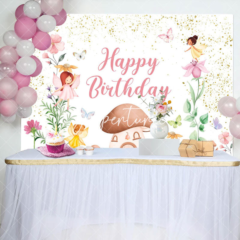 Aperturee - Glitter Floral Fairy Mushroom Girls Birthday Backdrop