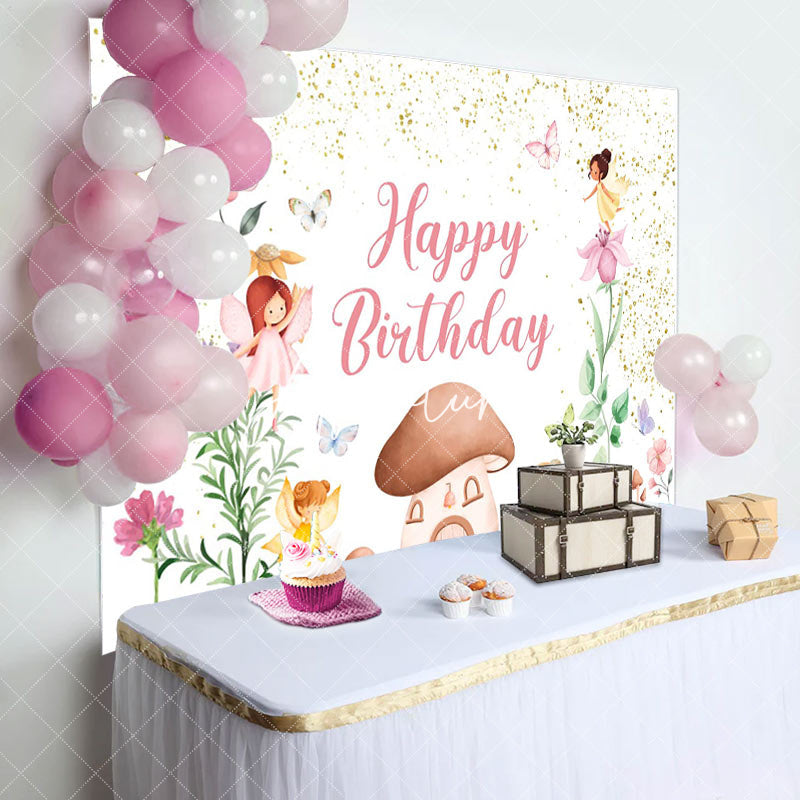 Aperturee - Glitter Floral Fairy Mushroom Girls Birthday Backdrop
