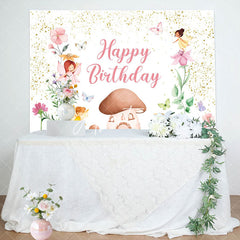 Aperturee - Glitter Floral Fairy Mushroom Girls Birthday Backdrop