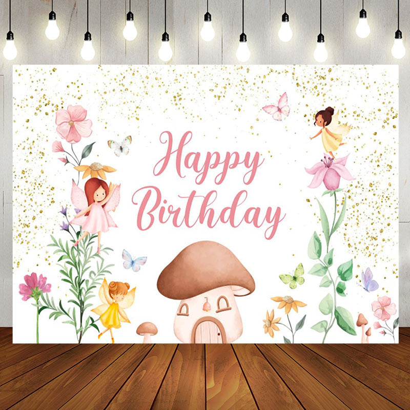 Aperturee - Glitter Floral Fairy Mushroom Girls Birthday Backdrop