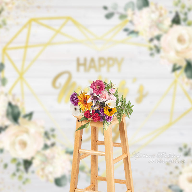 Aperturee - Glitter Floral White Wooden Mothers Day Photo Backdrop