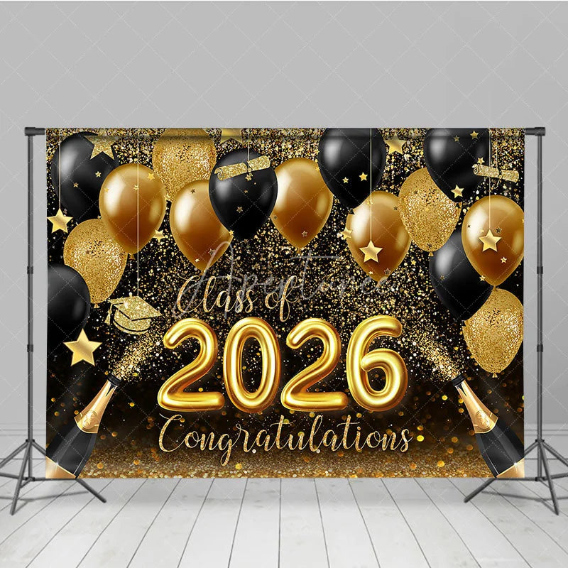 Aperturee - Glitter Gold Black Balloon Bokeh Graduation Backdrop