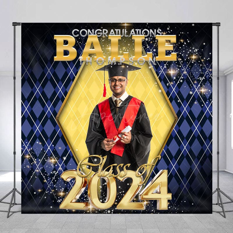 Aperturee - Glitter Gold Royal Blue Custom Photo Graduation Backdrop