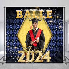 Aperturee - Glitter Gold Royal Blue Custom Photo Graduation Backdrop