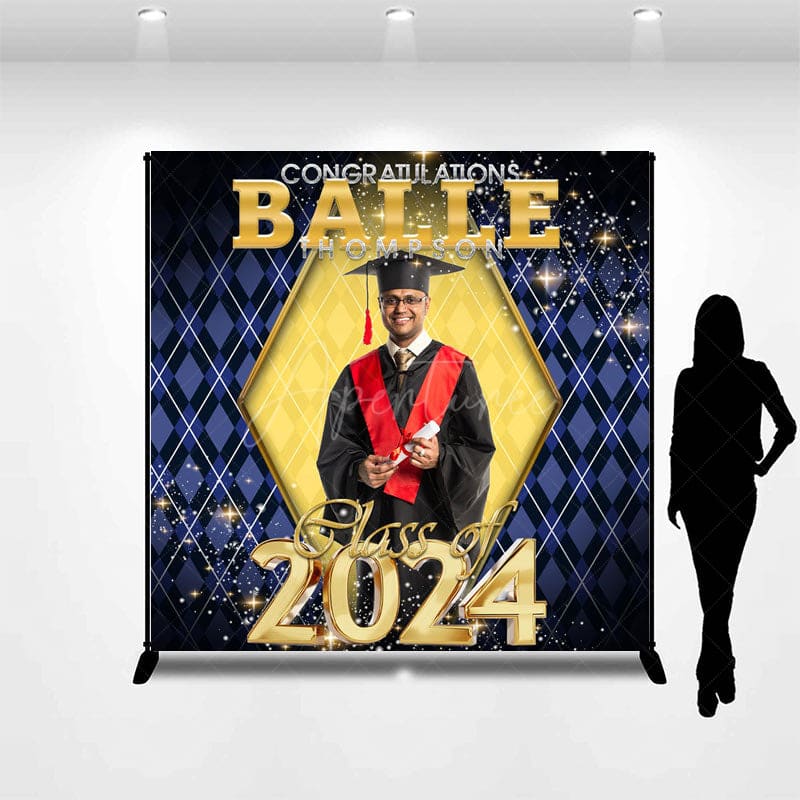 Aperturee - Glitter Gold Royal Blue Custom Photo Graduation Backdrop