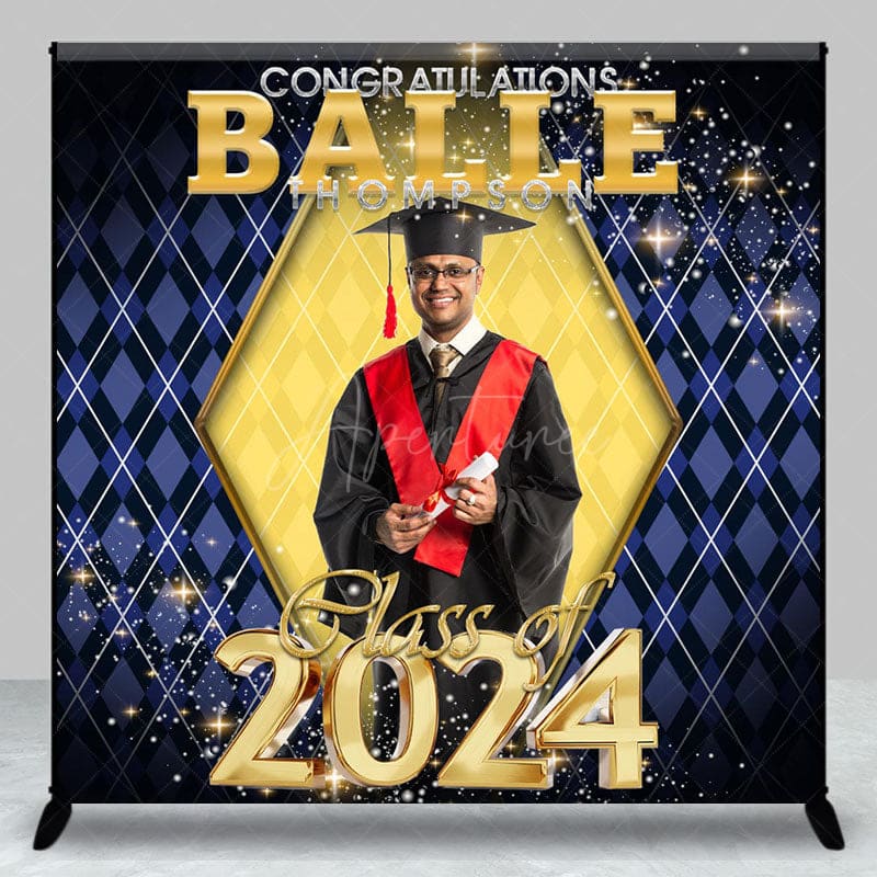 Aperturee - Glitter Gold Royal Blue Custom Photo Graduation Backdrop